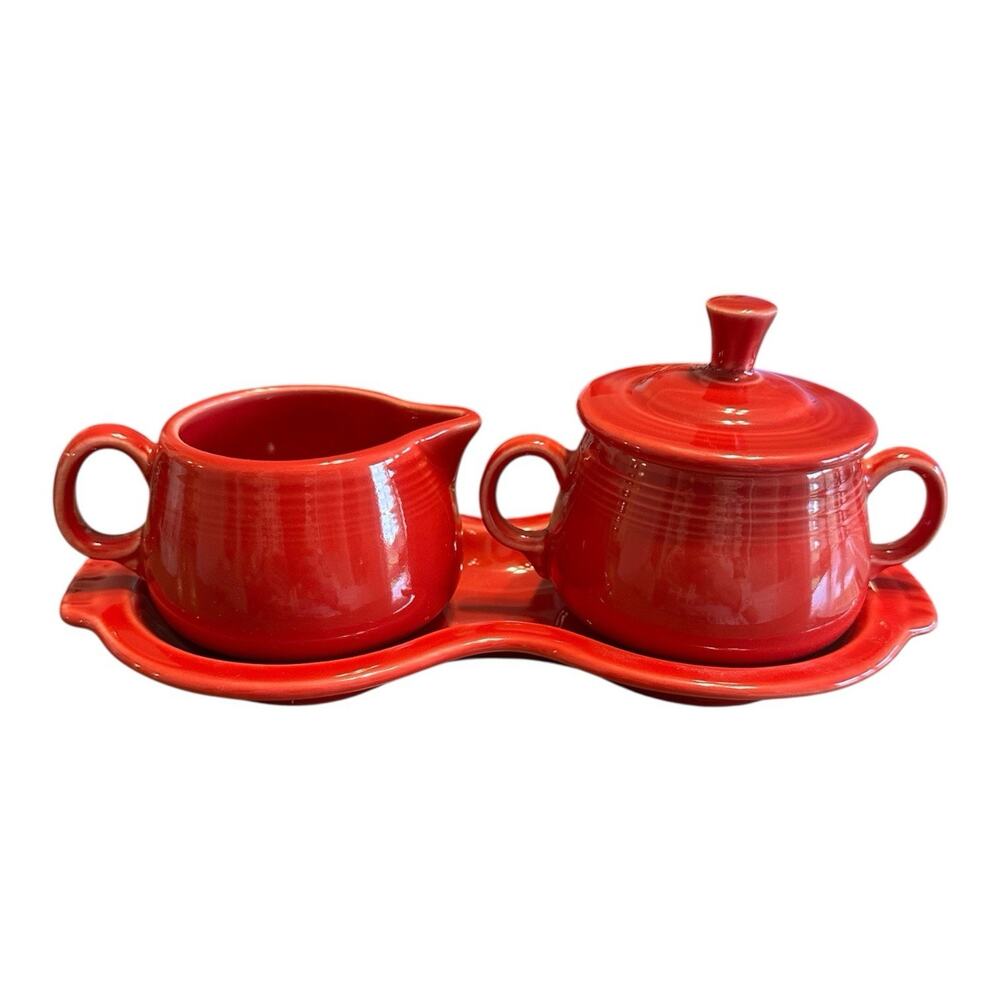 Vintage Fiestaware Ceramic Sugar & Creamer With Tray Fiesta Pottery Scarlet Red